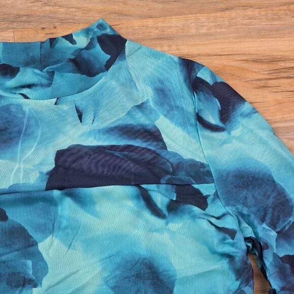 🔸️NWT Emerald Blue Floral Bodycon Mesh Long Sleeve Dress Small - Picture 9 of 16